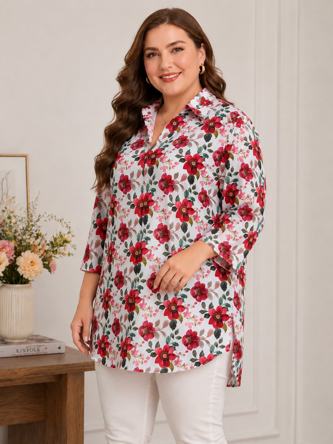 U&F Beyond Plus Size White & Red Blossom Printed Tunic Top