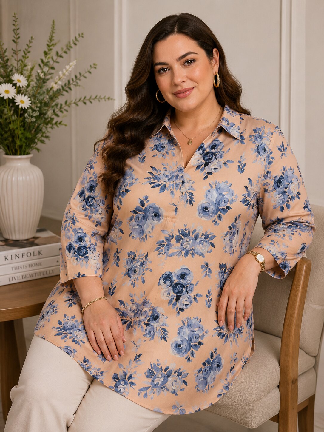 U&F Beyond Women Plus Size Beige Floral Printed Shirt Collar Tunic Top