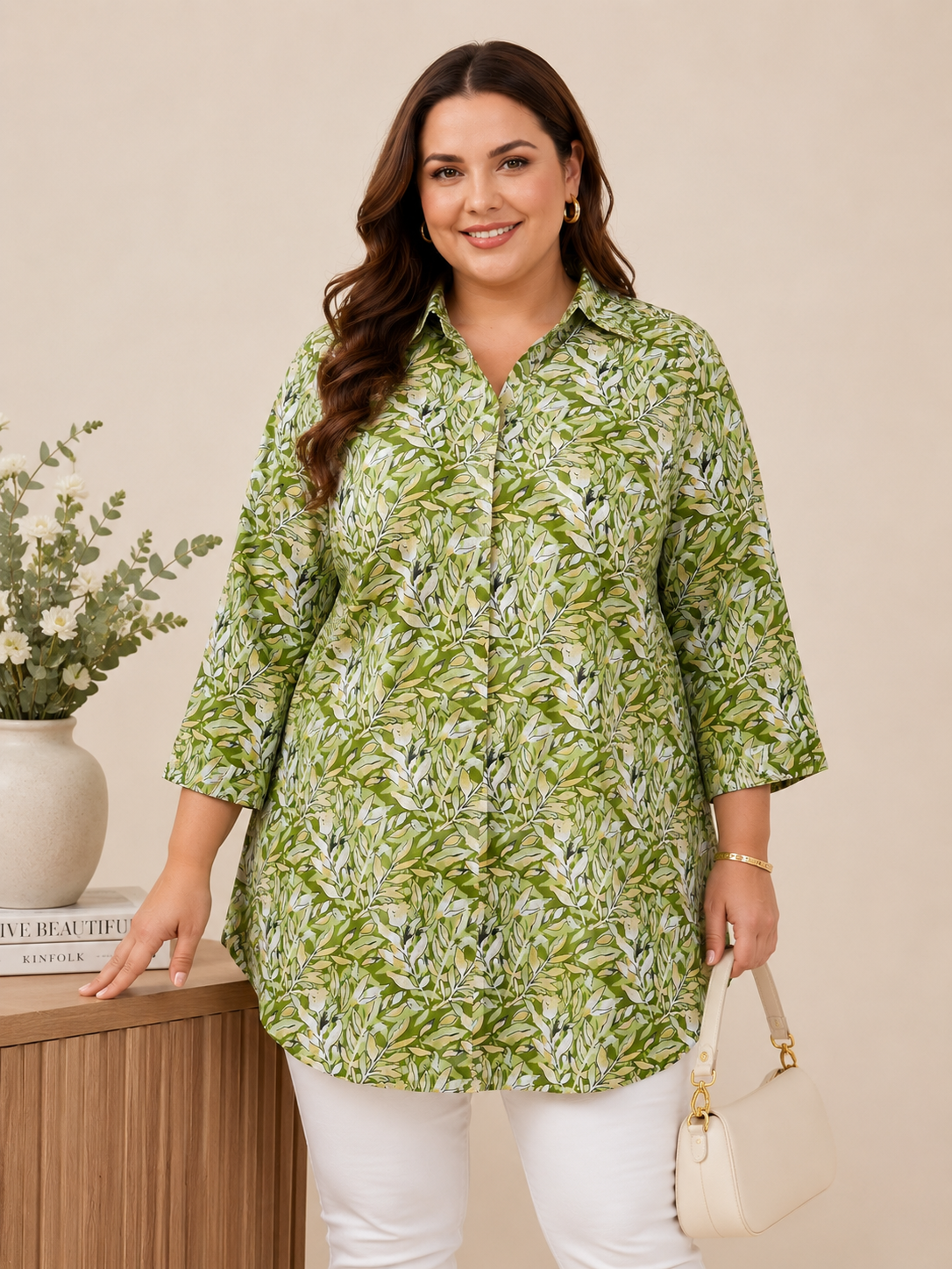 U&F Beyond Sage Leaf Print Plus Size Tunic Top