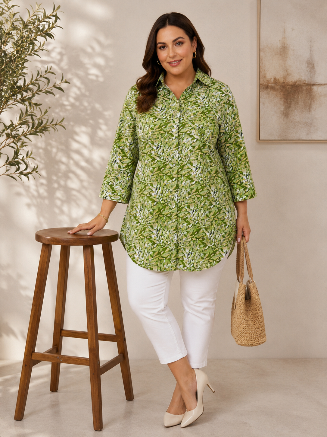 U&F Beyond Sage Leaf Print Plus Size Tunic Top
