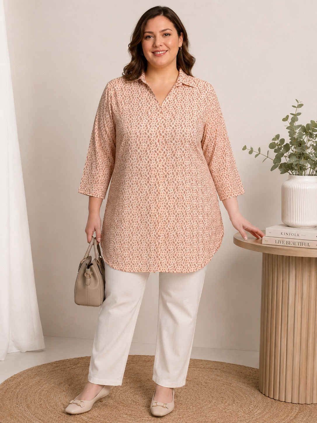 U&F Beyond Peach Abstract Printed Plus Size Longline Shirt Top