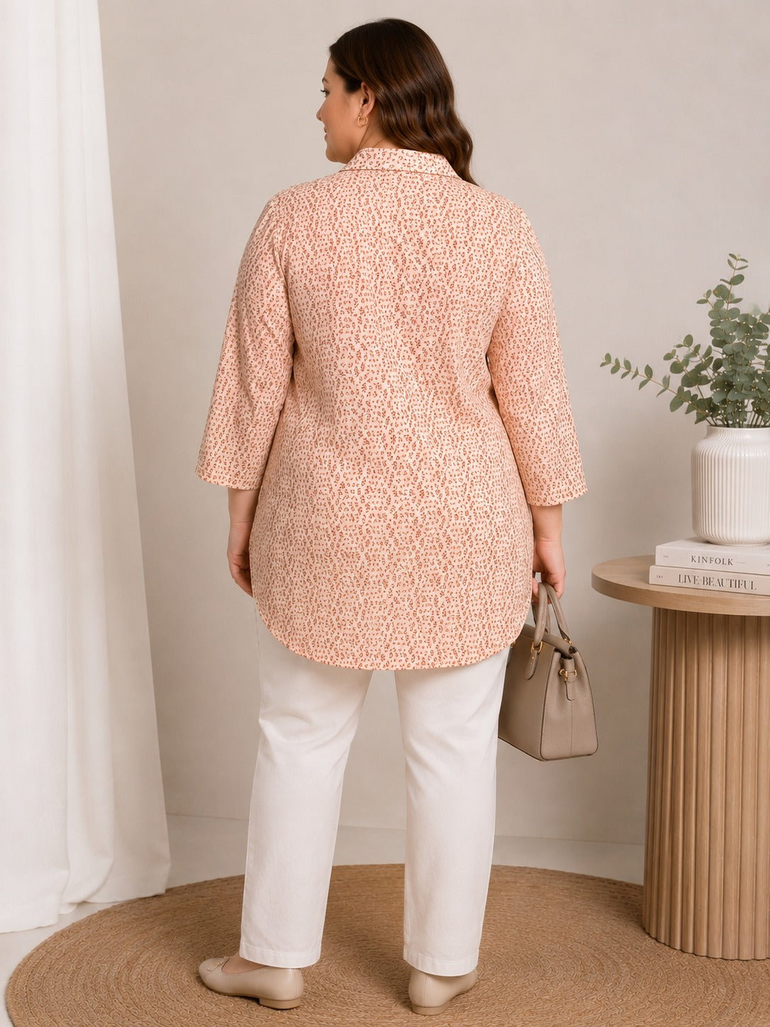 U&F Beyond Peach Abstract Printed Plus Size Longline Shirt Top