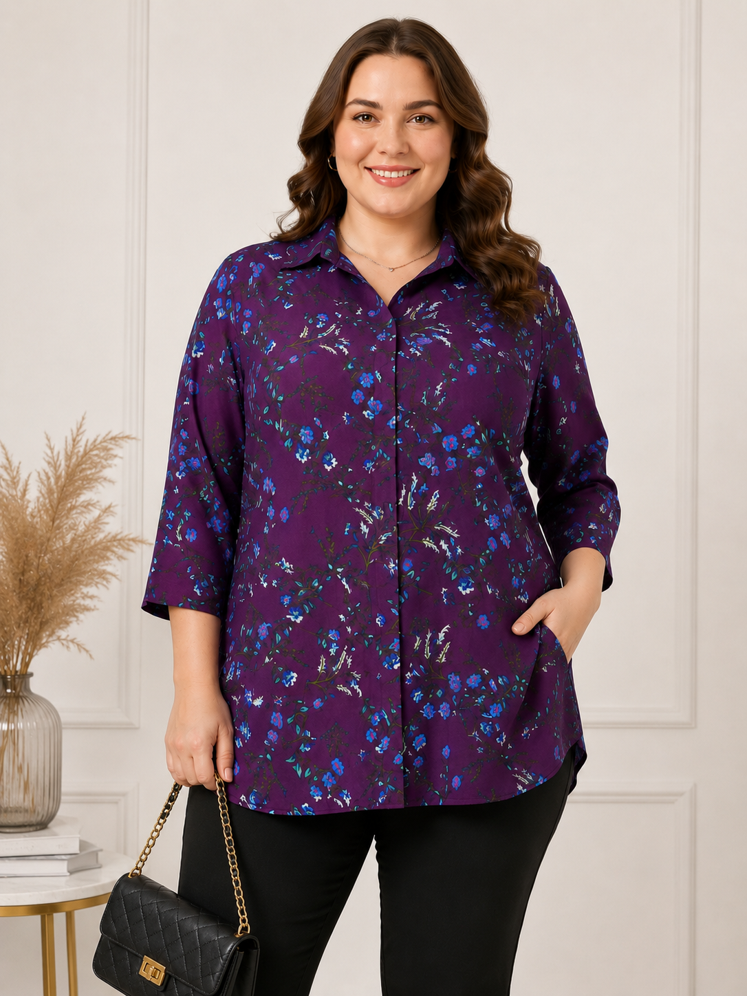 U&F Beyond Purple Floral Printed Plus Size Shirt Style Top