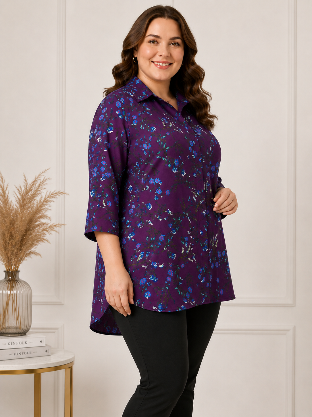 U&F Beyond Purple Floral Printed Plus Size Shirt Style Top