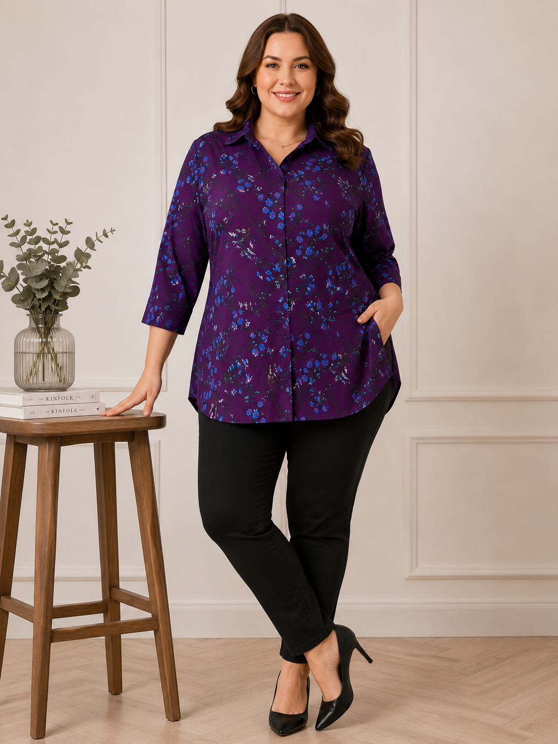 U&F Beyond Purple Floral Printed Plus Size Shirt Style Top