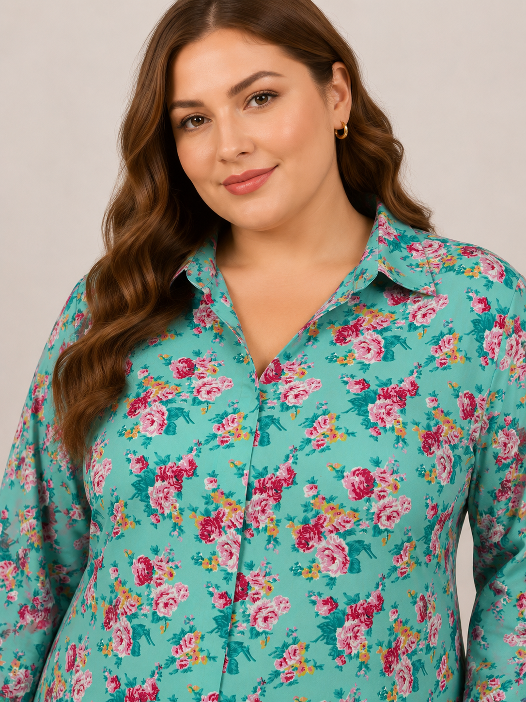 U&F Beyond Turquoise Blue Floral Printed Plus Size Shirt Style Top