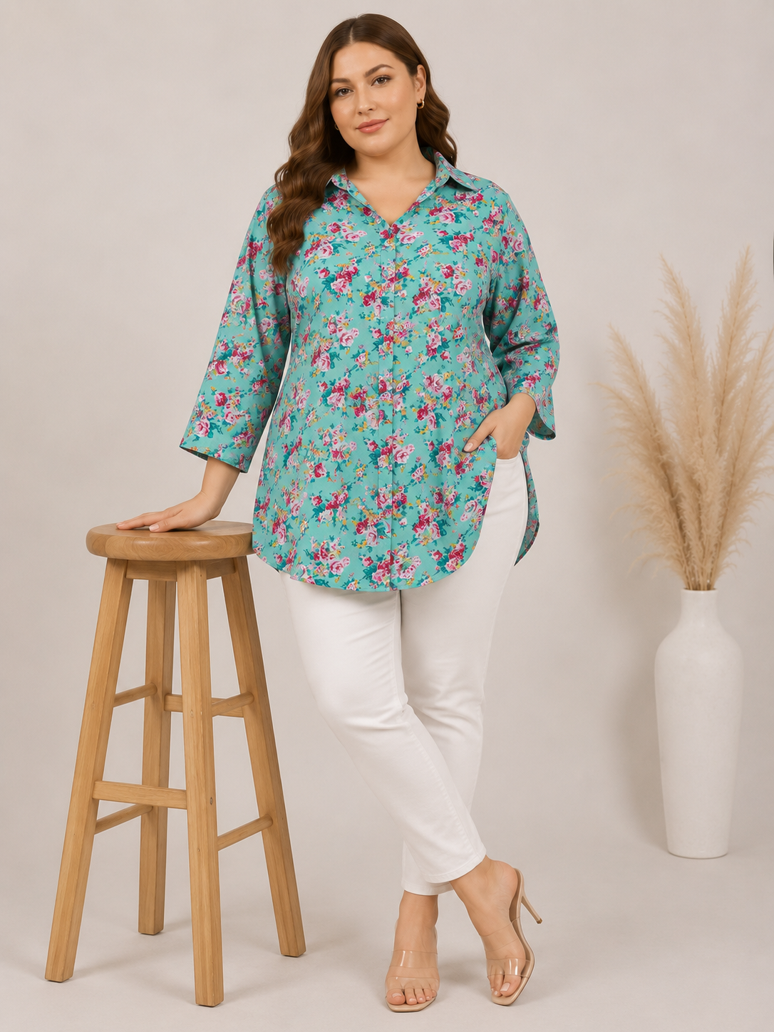 U&F Beyond Turquoise Blue Floral Printed Plus Size Shirt Style Top