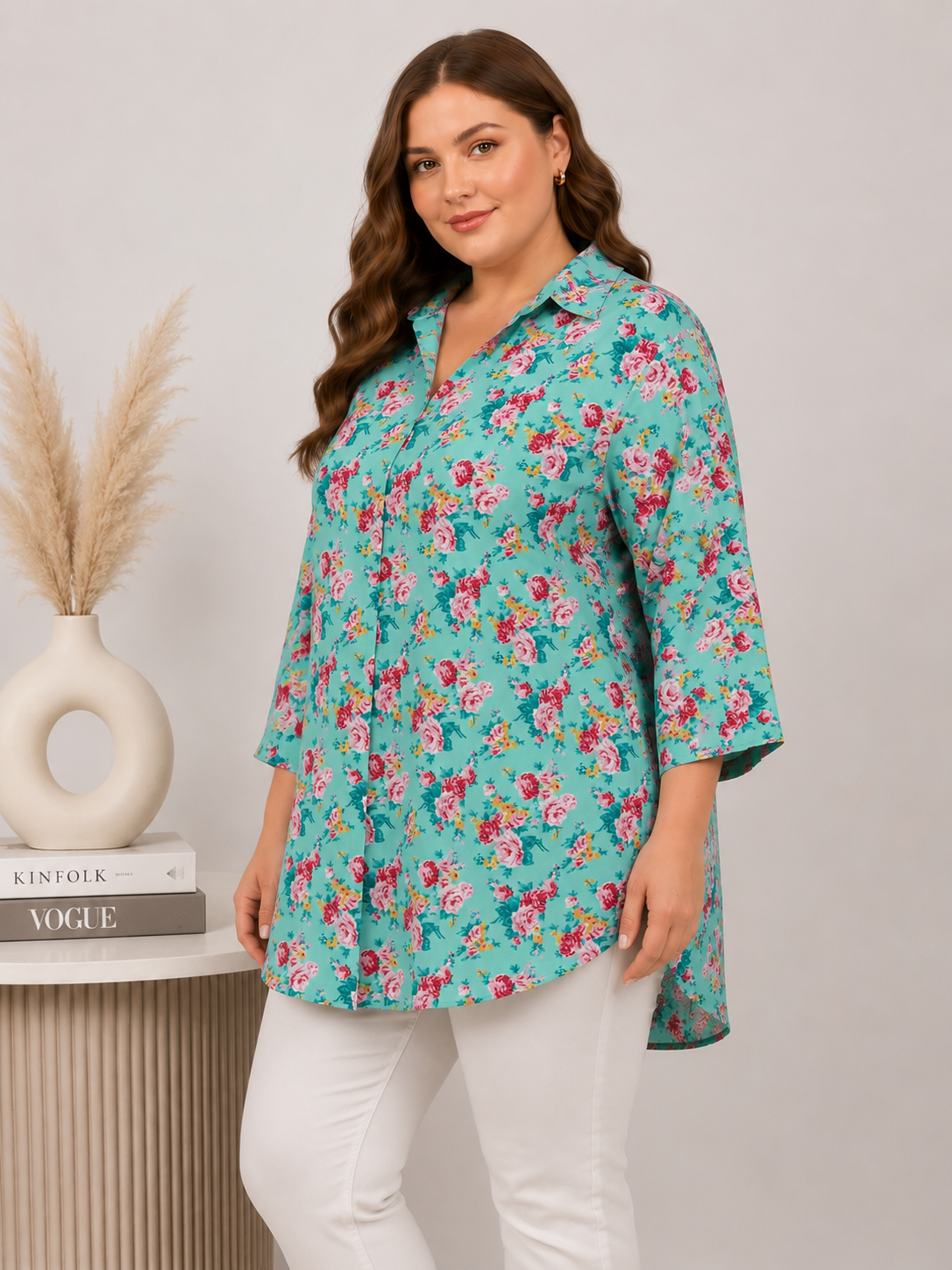 U&F Beyond Turquoise Blue Floral Printed Plus Size Shirt Style Top