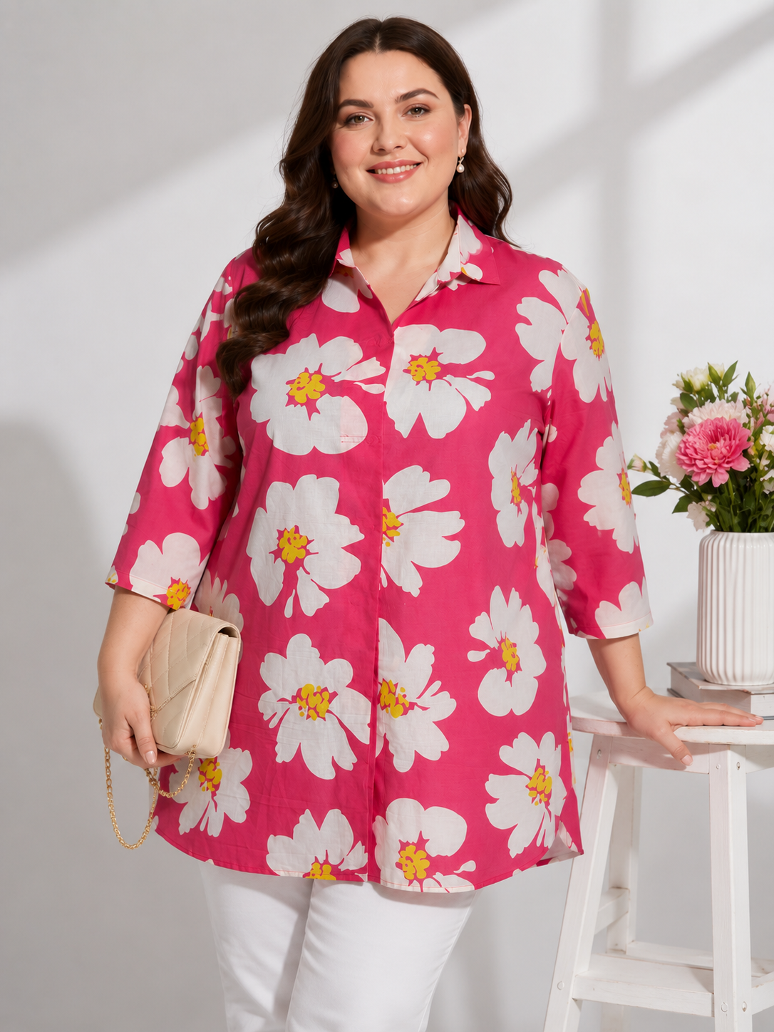U&F Beyond Pink Floral Printed Plus Size Shirt Style Top