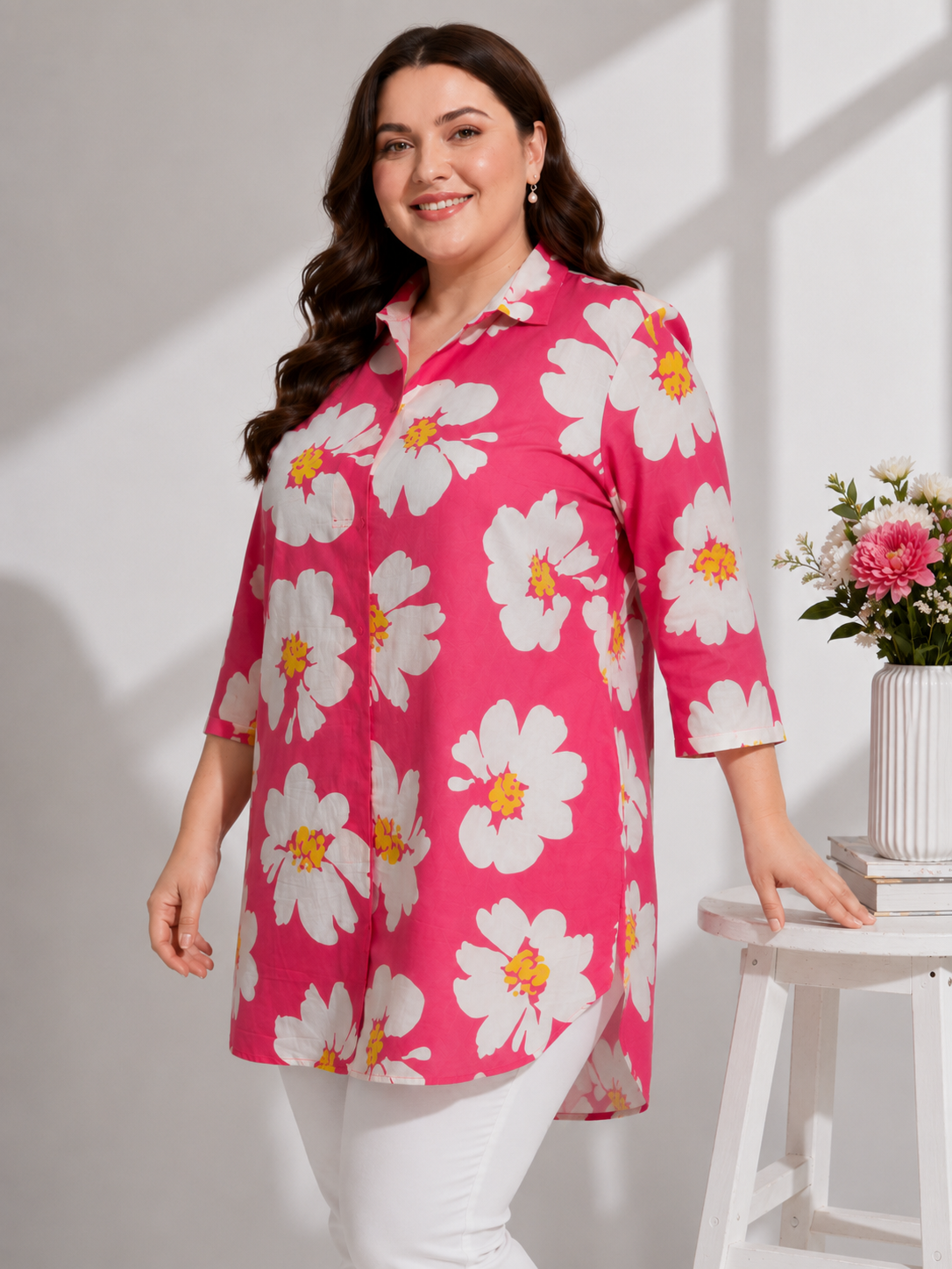 U&F Beyond Pink Floral Printed Plus Size Shirt Style Top