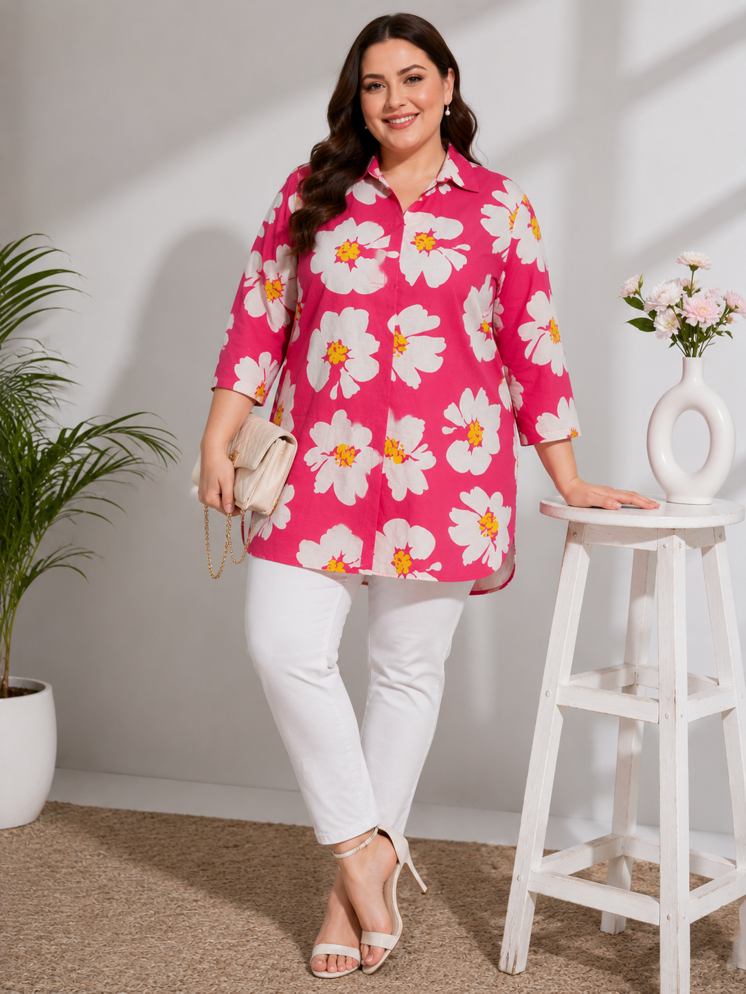 U&F Beyond Pink Floral Printed Plus Size Shirt Style Top