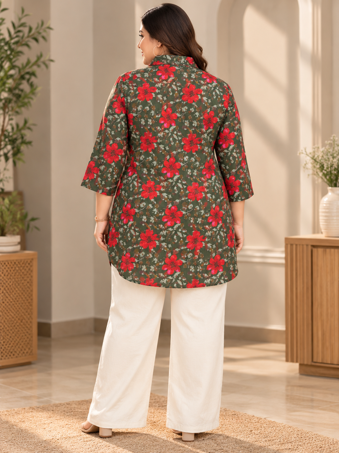 U&F Beyond Women Plus-Size Olive Green & Red Floral Print Cotton Longline Shirt Style Top