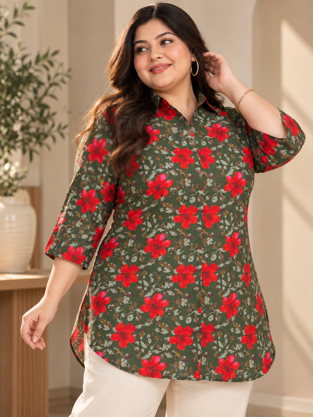U&F Beyond Women Plus-Size Olive Green & Red Floral Print Cotton Longline Shirt Style Top