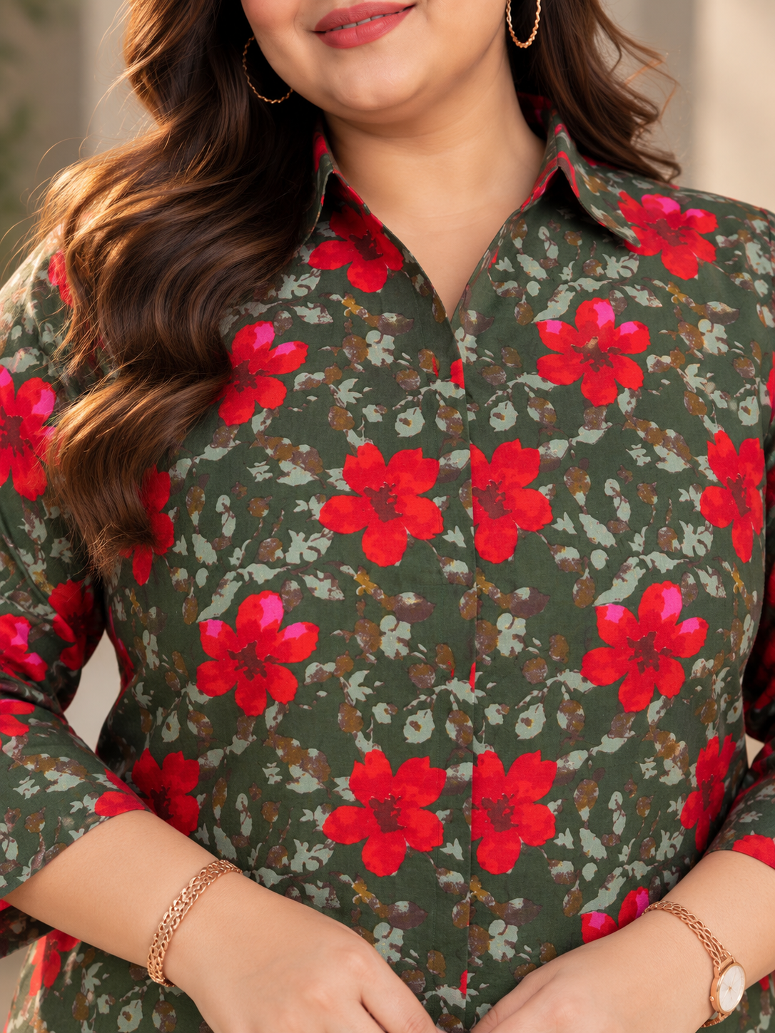 U&F Beyond Women Plus-Size Olive Green & Red Floral Print Cotton Longline Shirt Style Top