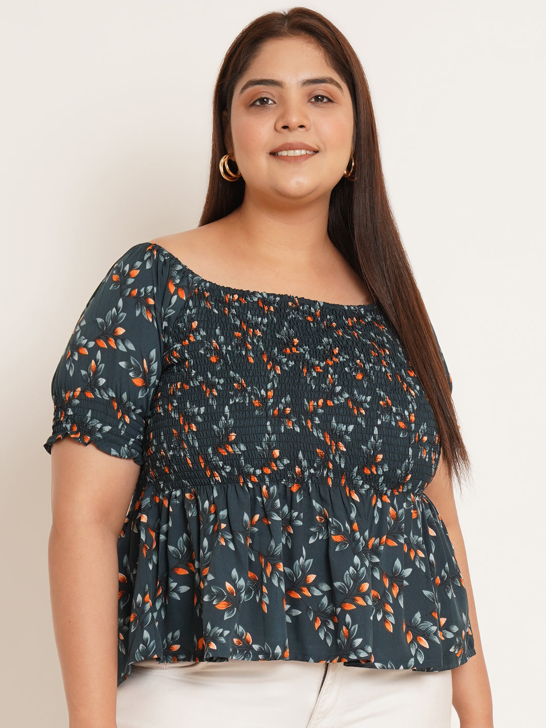 Women Plus Size Floral Printed Gathered Peplum Top