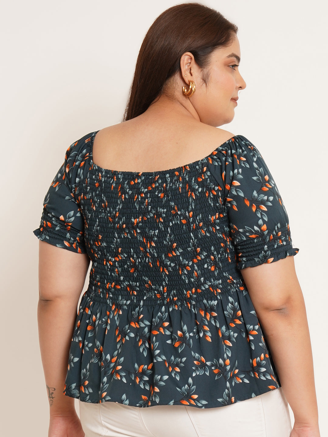 Women Plus Size Floral Printed Gathered Peplum Top