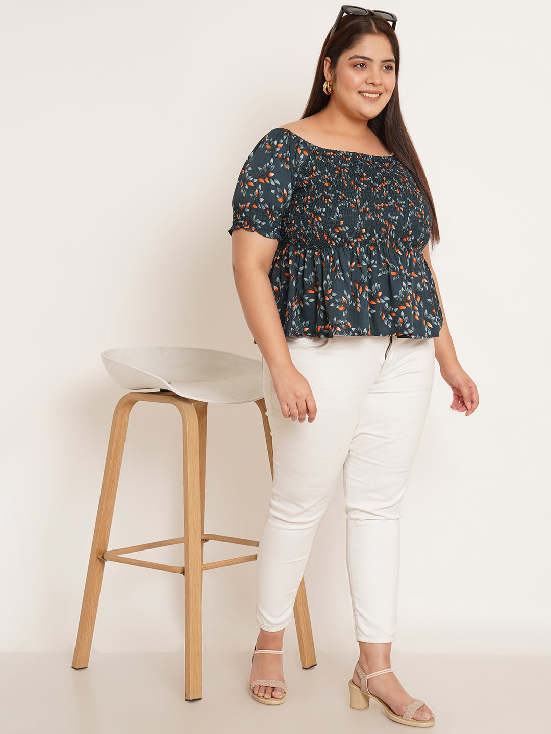 Women Plus Size Floral Printed Gathered Peplum Top