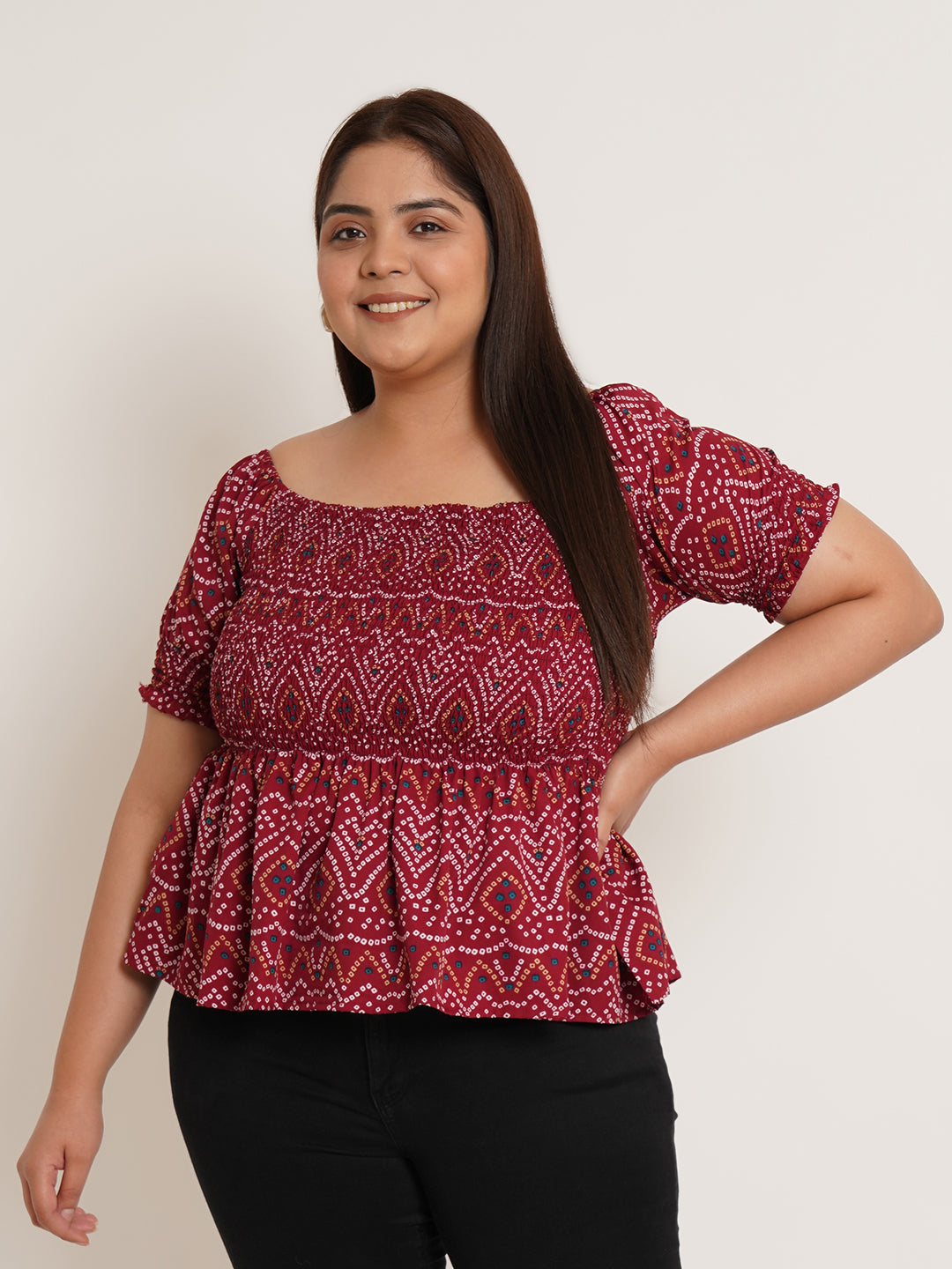 Women Plus Size Bandhani Printed Gathered Peplum Top