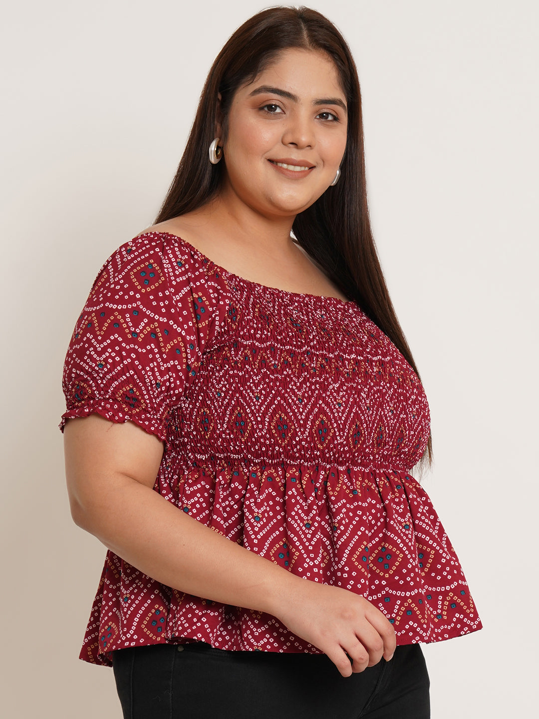 Women Plus Size Bandhani Printed Gathered Peplum Top