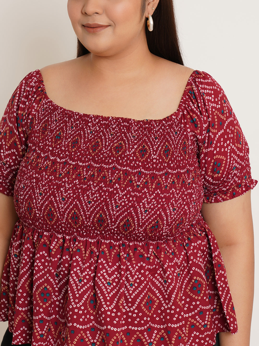 Women Plus Size Bandhani Printed Gathered Peplum Top