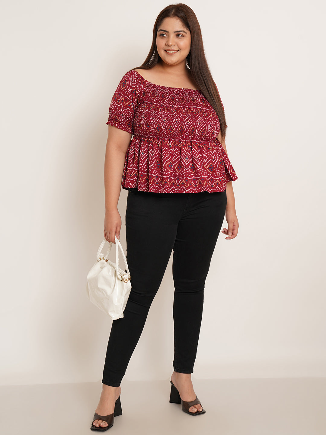Women Plus Size Bandhani Printed Gathered Peplum Top