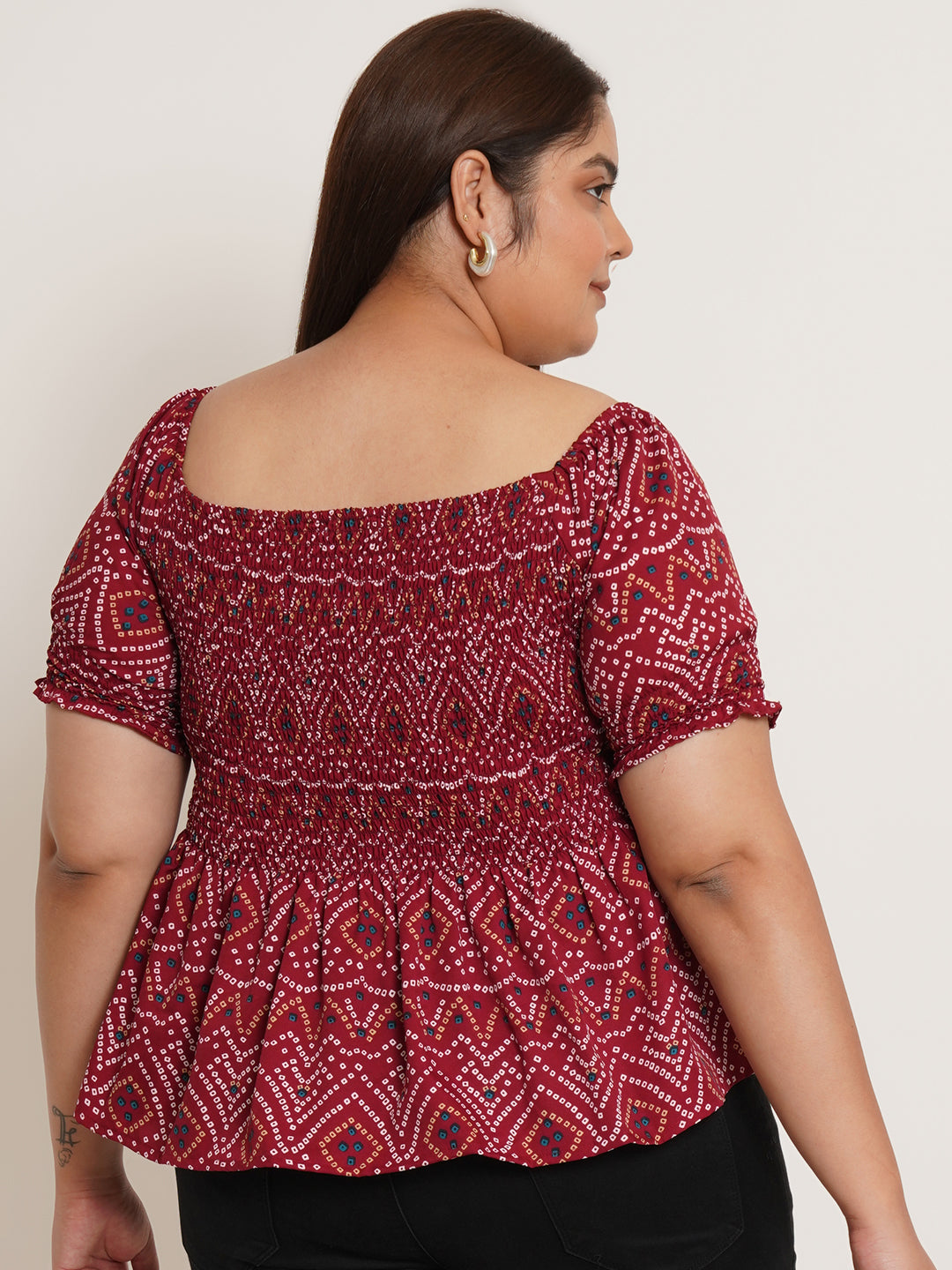 Women Plus Size Bandhani Printed Gathered Peplum Top
