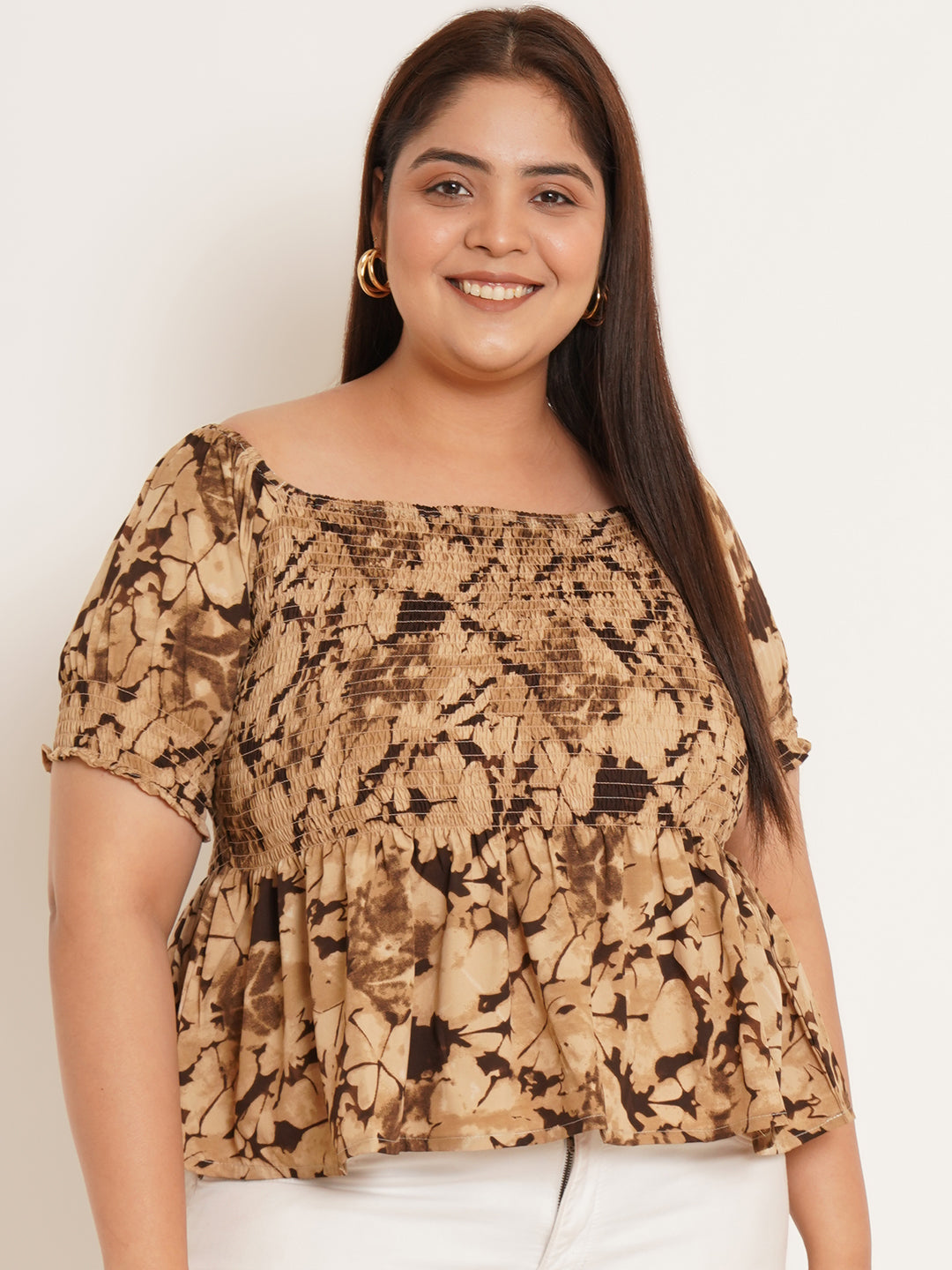 Women Plus Size Abstract Printed Gathered Peplum Top