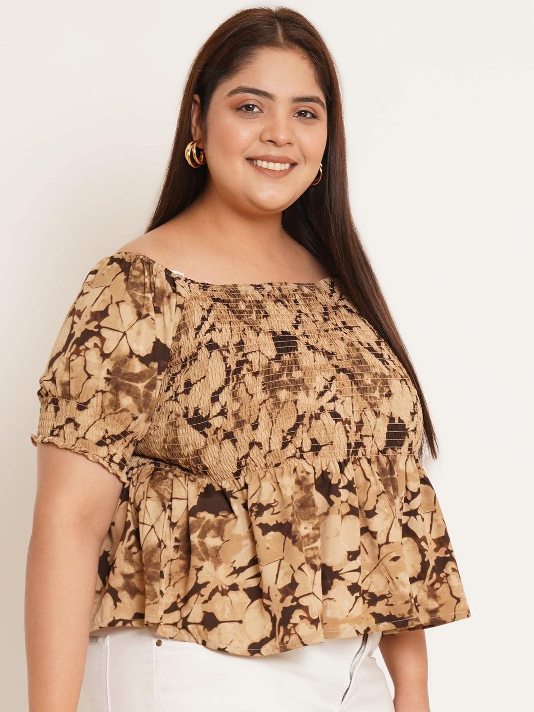 Women Plus Size Abstract Printed Gathered Peplum Top