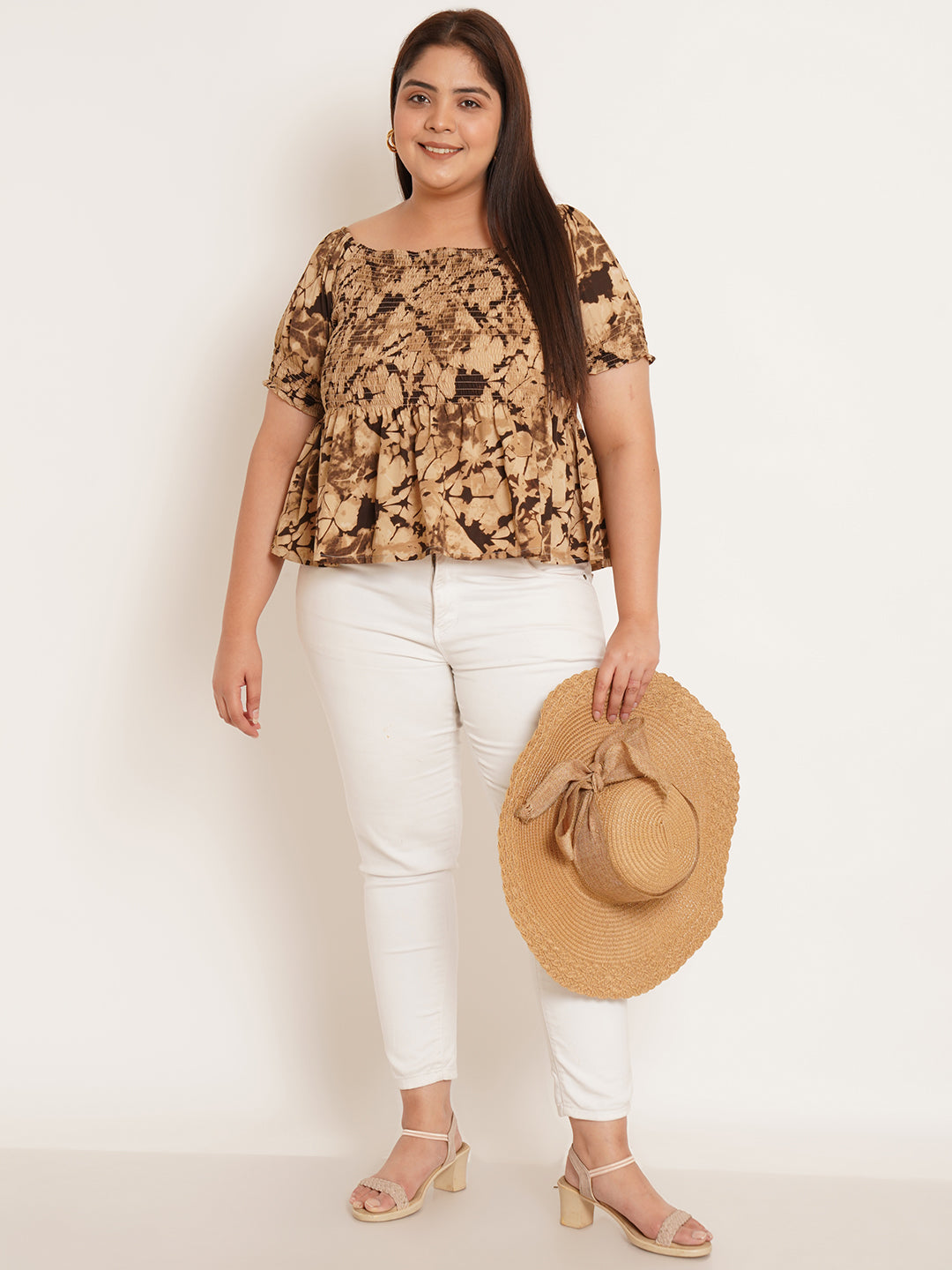 Women Plus Size Abstract Printed Gathered Peplum Top