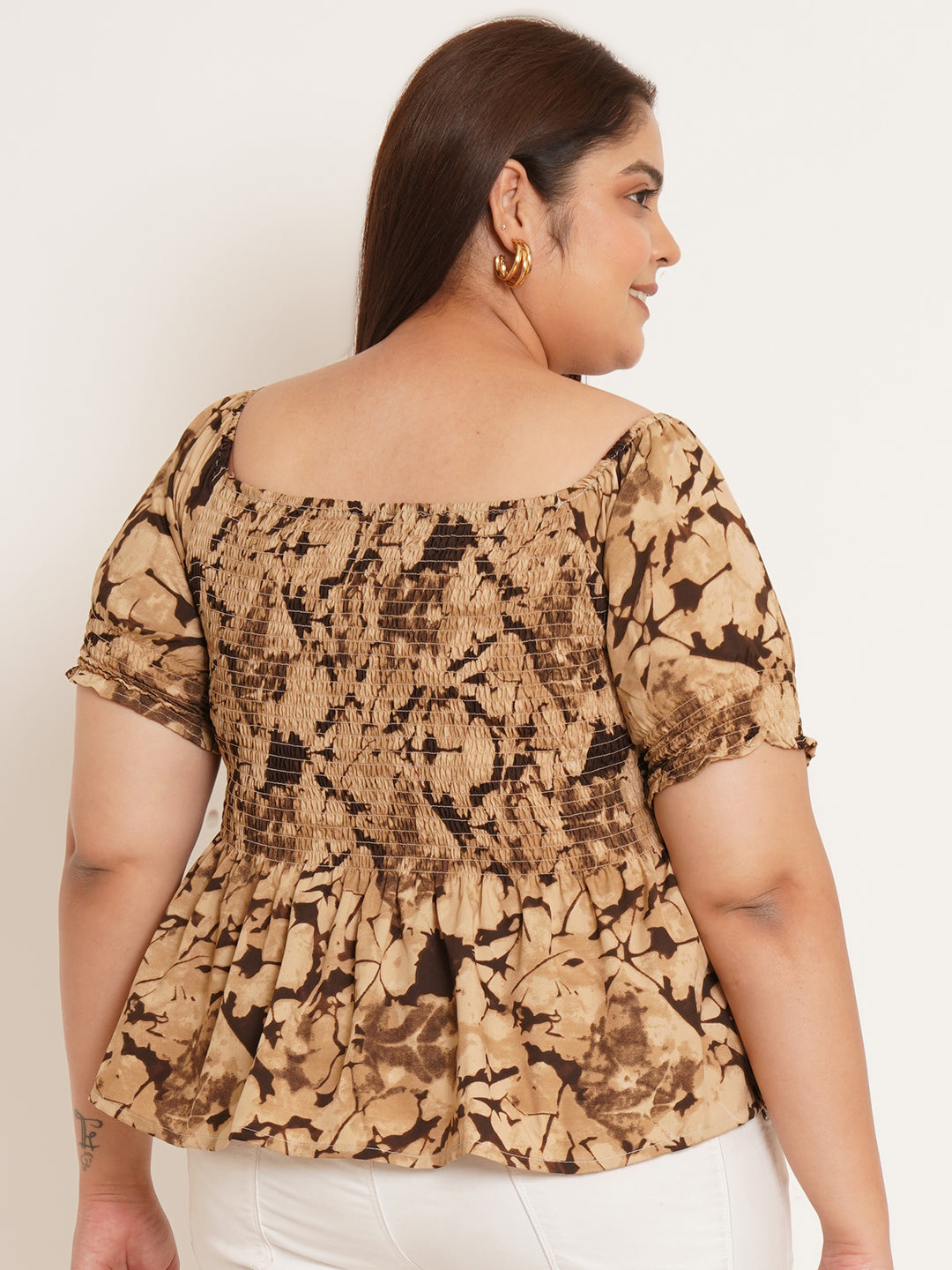 Women Plus Size Abstract Printed Gathered Peplum Top