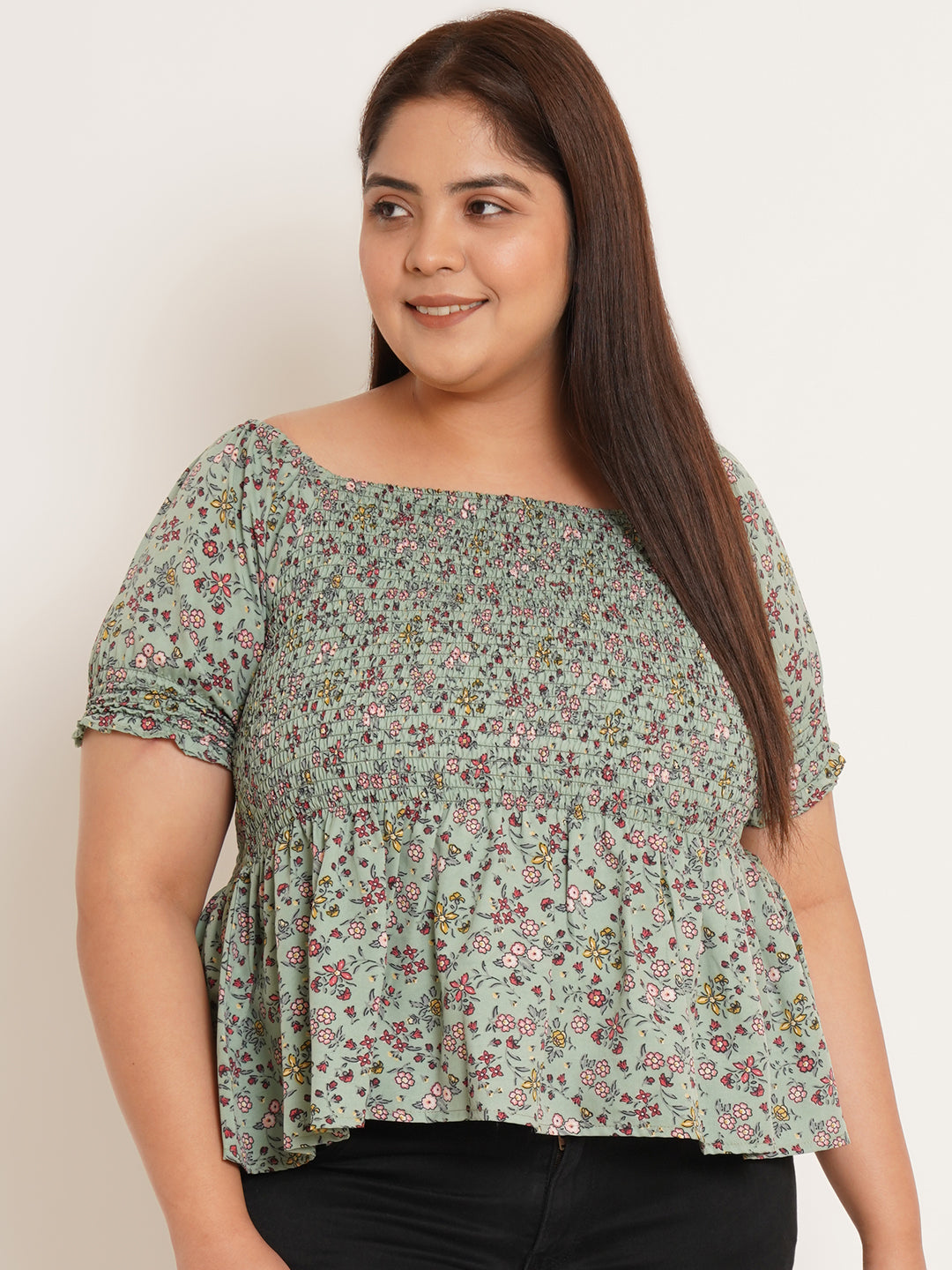 Women Plus Size Floral Printed Gathered Peplum Top