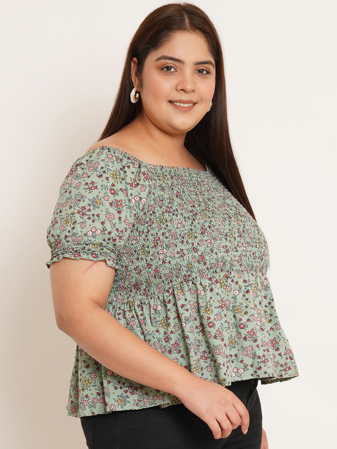 Women Plus Size Floral Printed Gathered Peplum Top