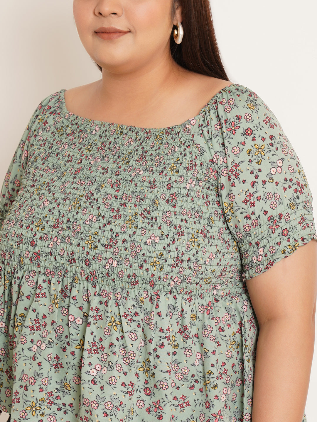 Women Plus Size Floral Printed Gathered Peplum Top