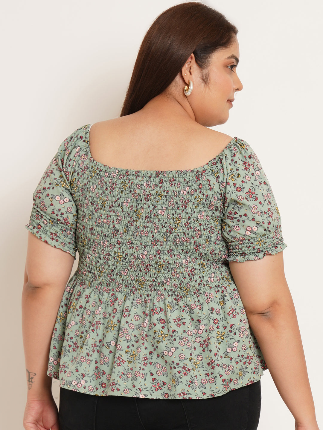 Women Plus Size Floral Printed Gathered Peplum Top
