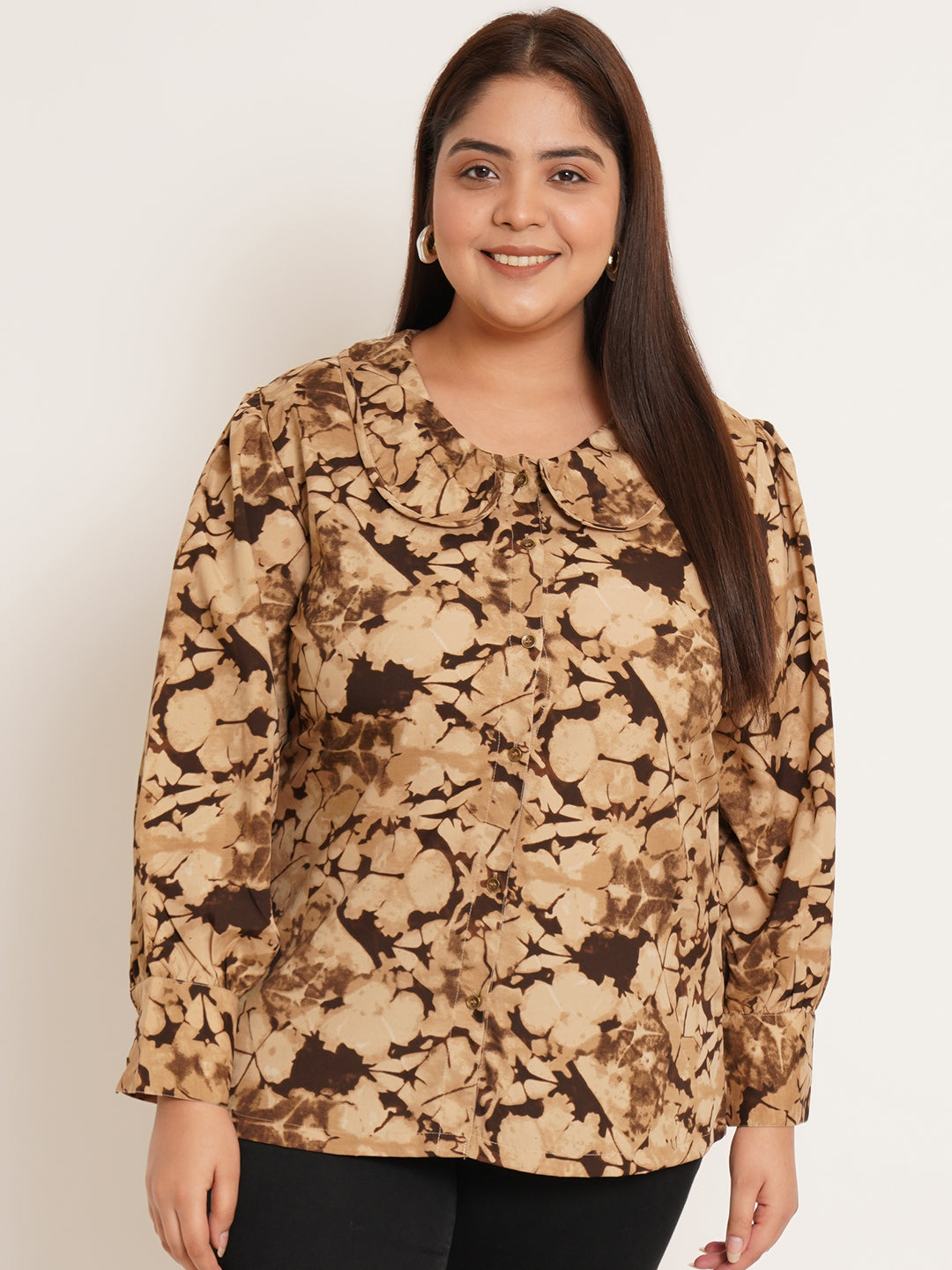 Women Plus Size Abstract Print Crepe Shirt Style Top