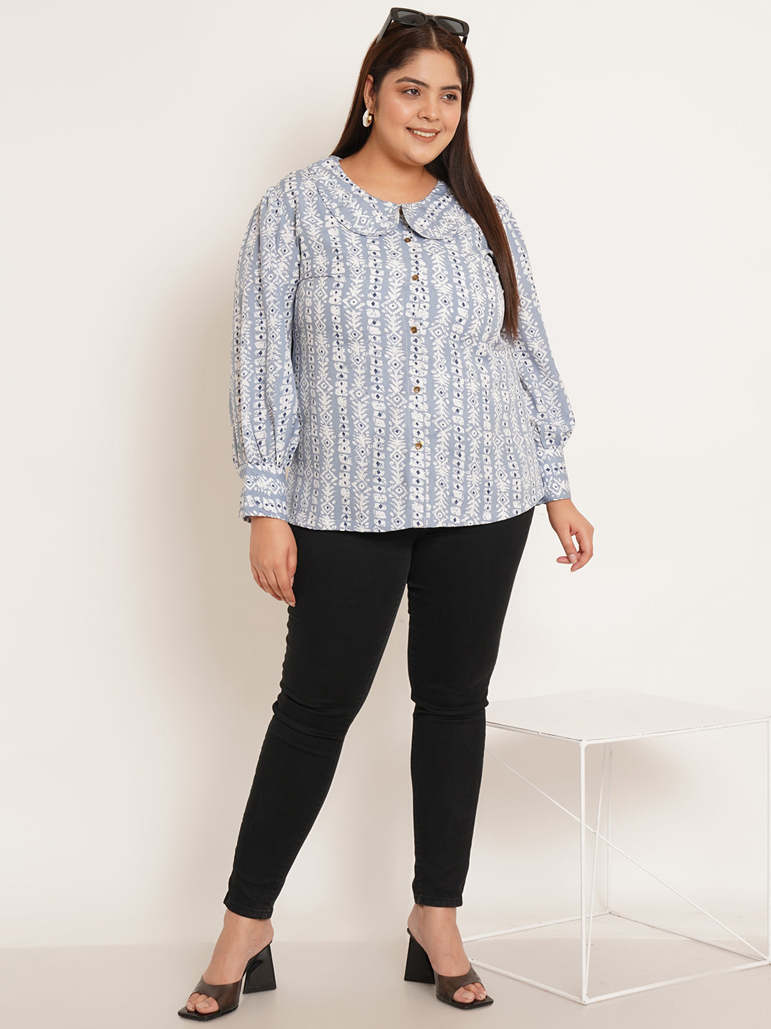 Women Plus Size Abstract Print Crepe Shirt Style Top