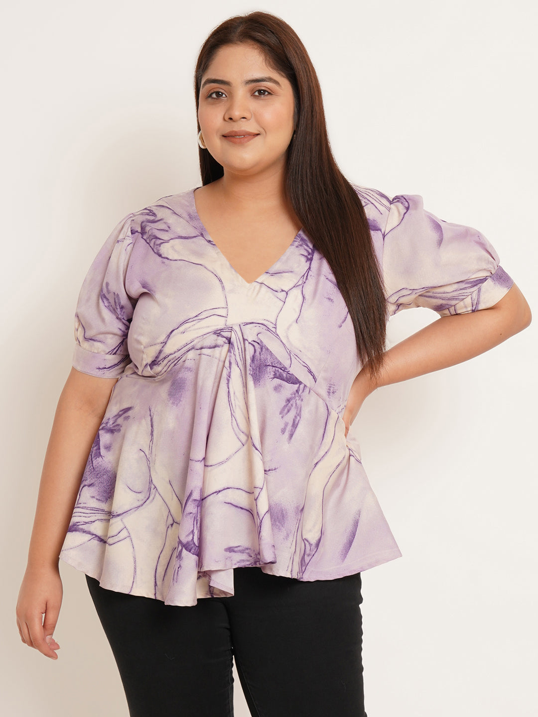 Women Plus Size Printed Crepe Empire Top