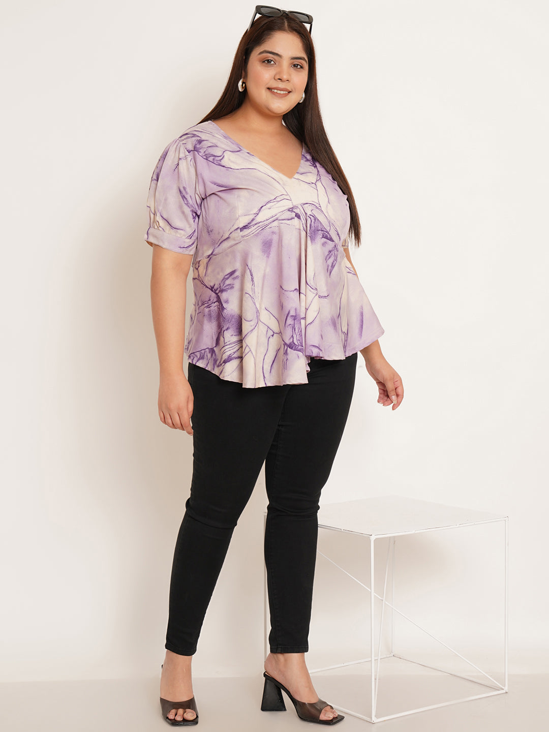 Women Plus Size Printed Crepe Empire Top