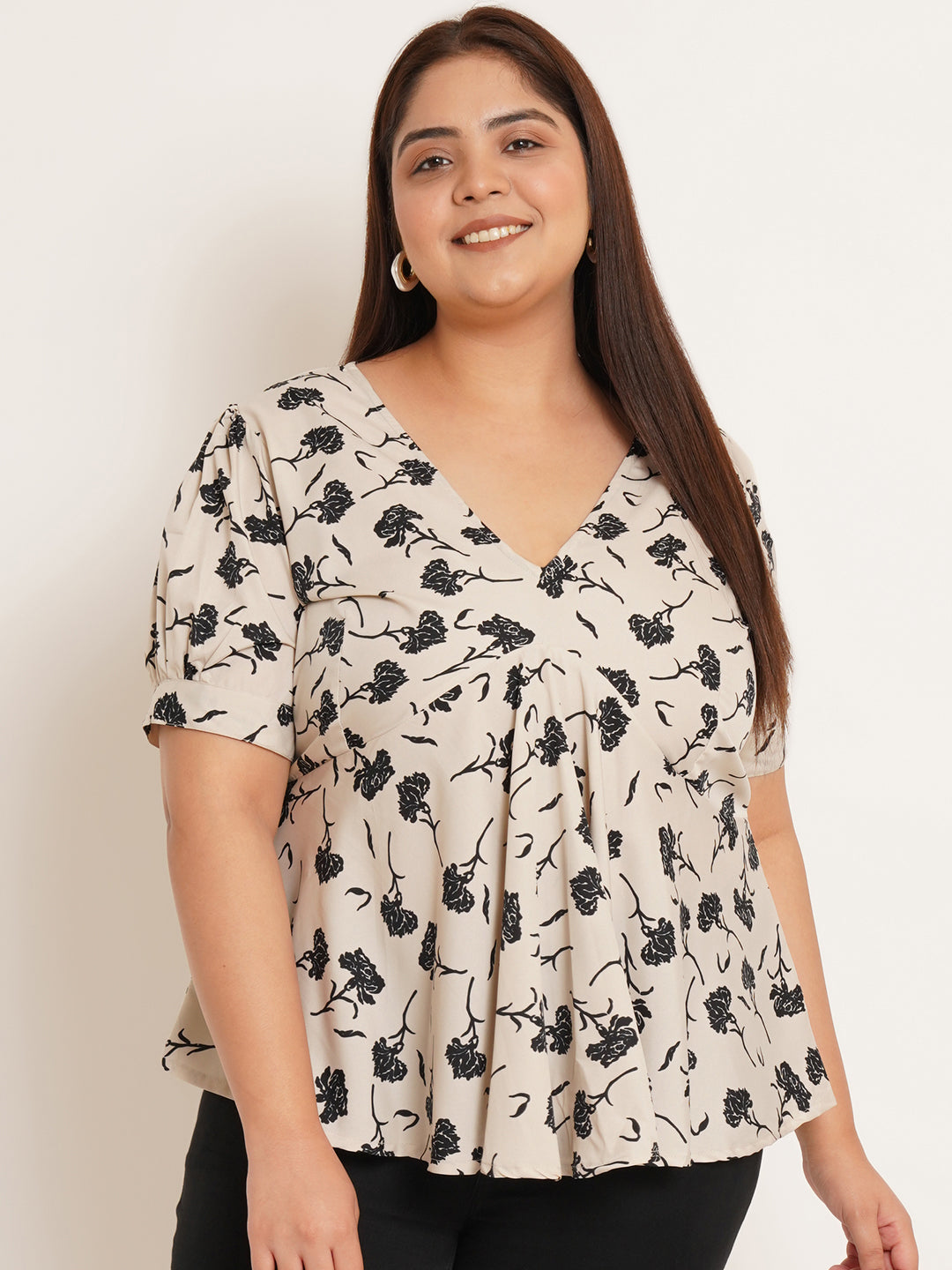 Women Plus Size Floral Printed Crepe Empire Top