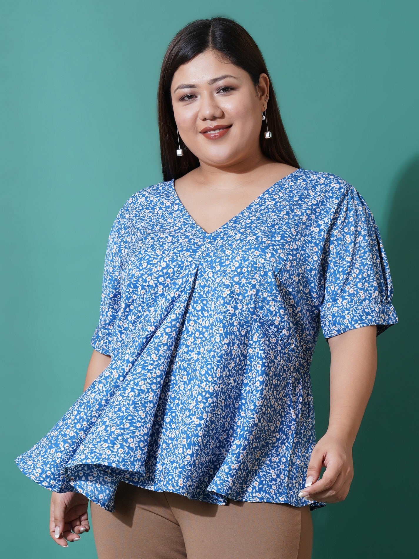 Women Plus Size Floral Print Ruffles Top