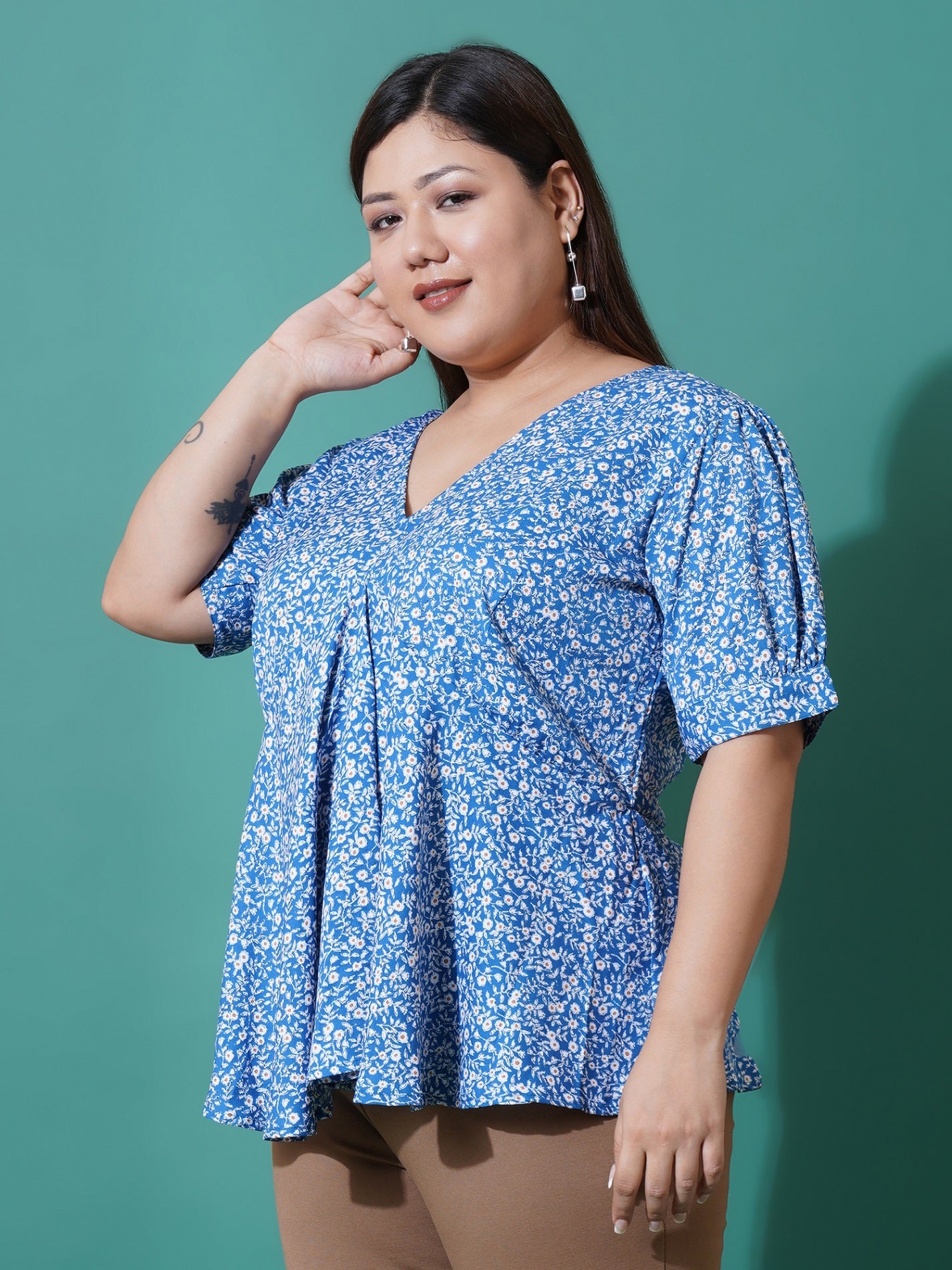 Women Plus Size Floral Print Ruffles Top