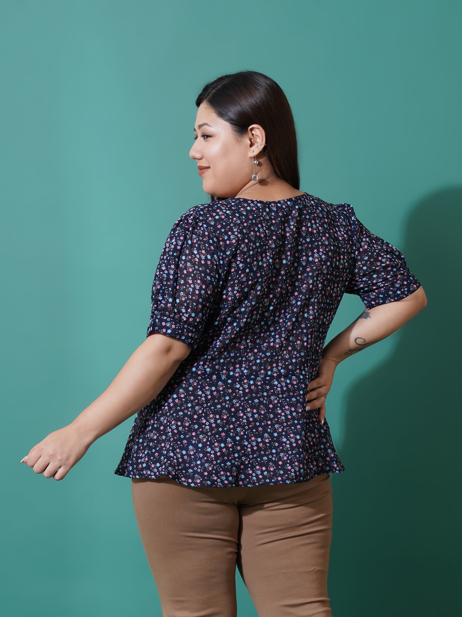 Women Plus Size Floral Print Ruffles Top