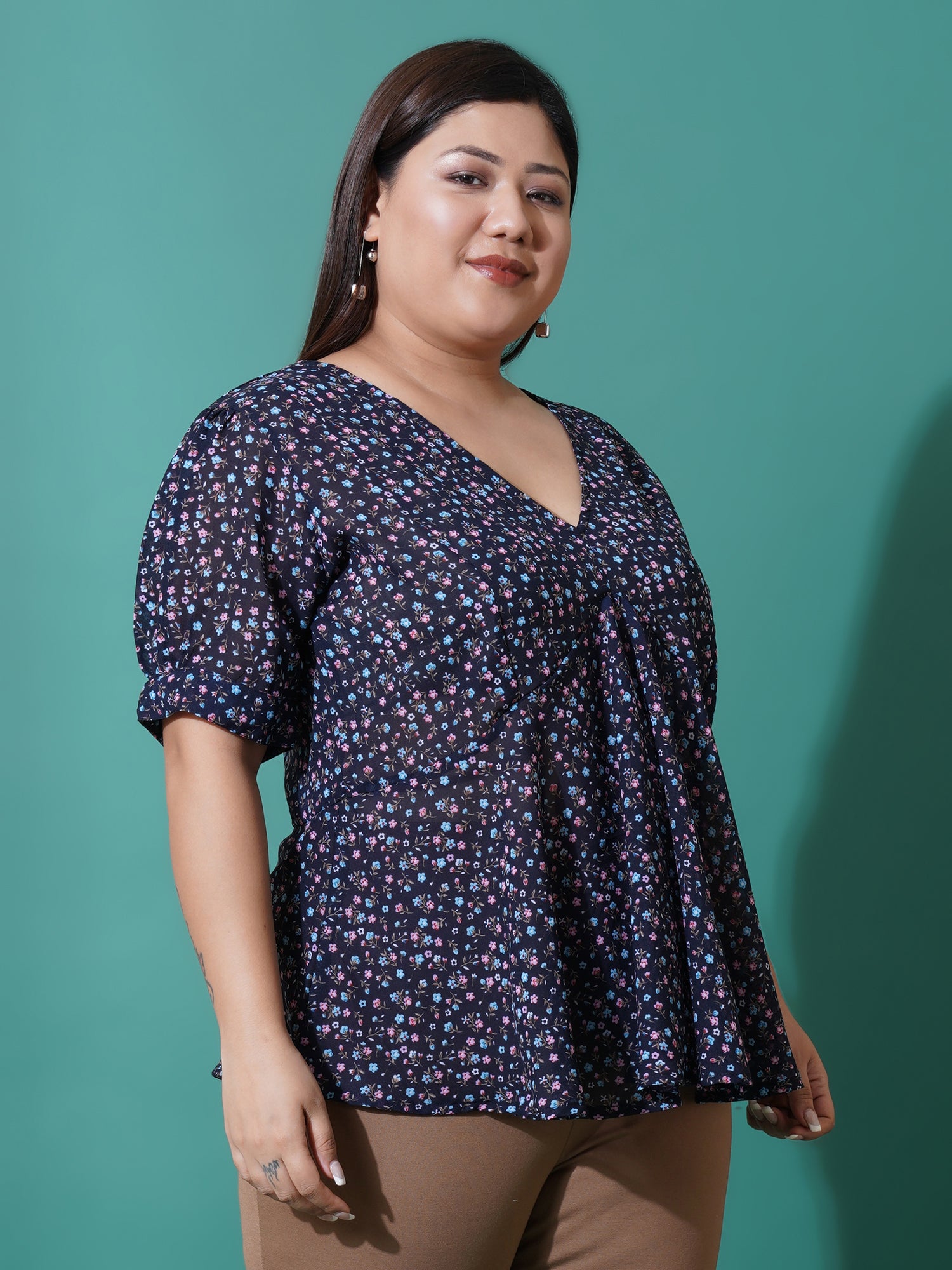 Women Plus Size Floral Print Ruffles Top