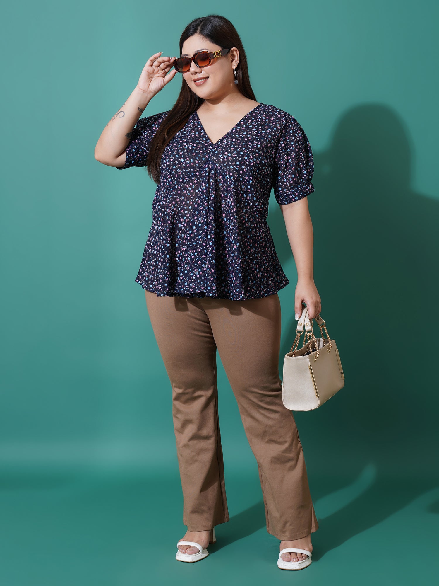 Women Plus Size Floral Print Ruffles Top