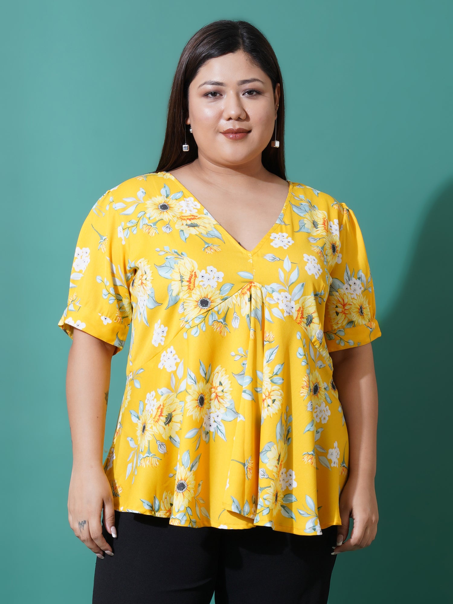 Women Plus Size Floral Print Ruffles Top