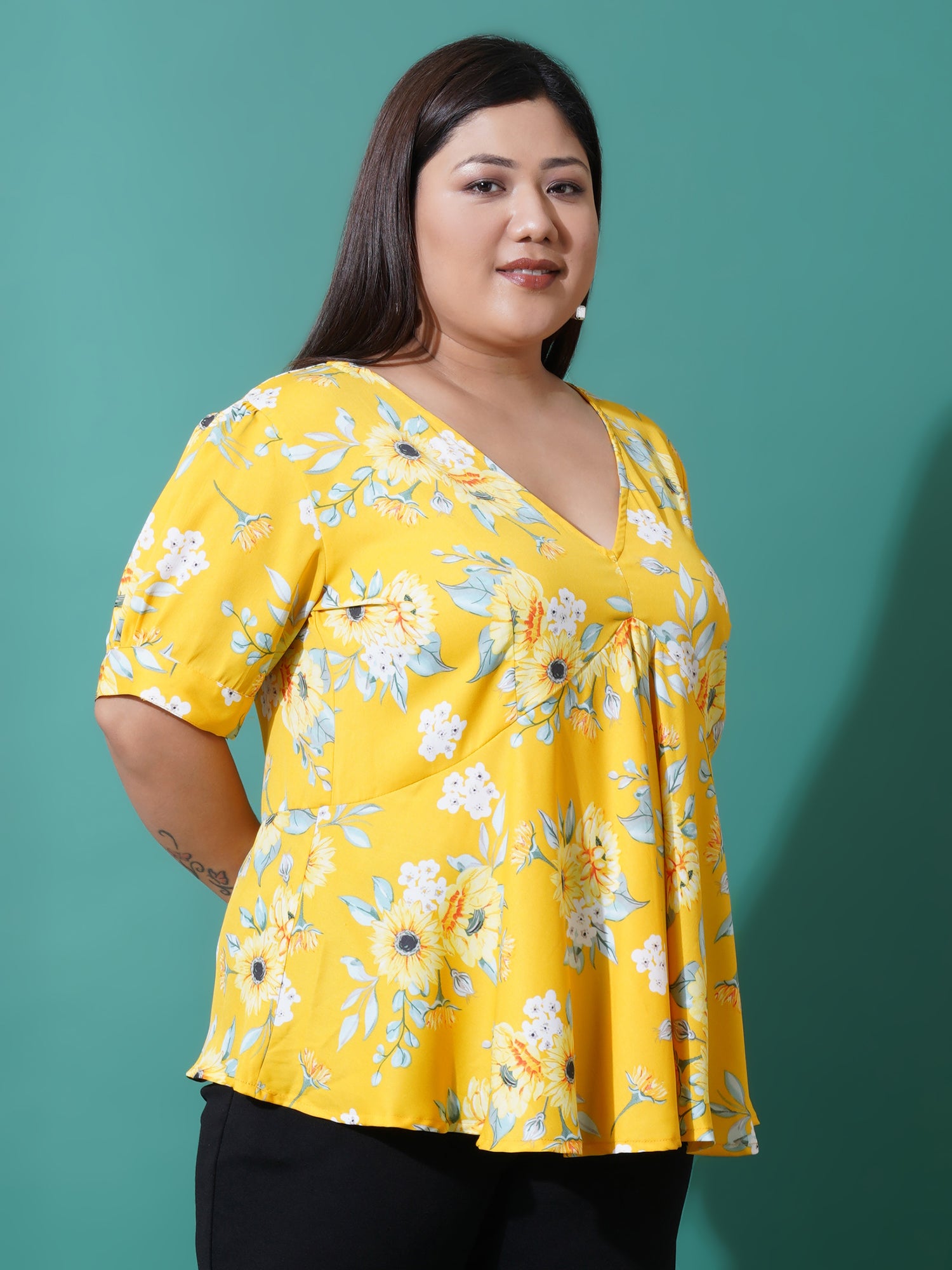 Women Plus Size Floral Print Ruffles Top