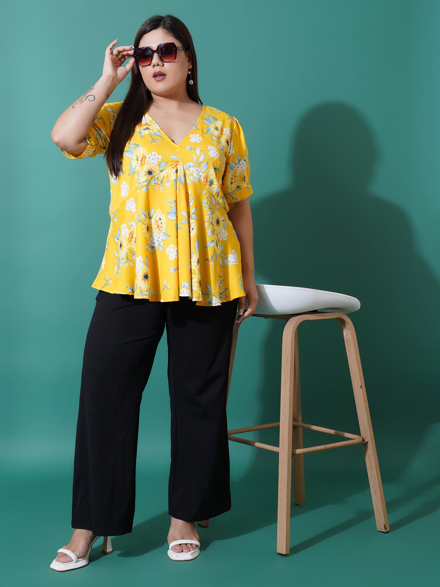 Women Plus Size Floral Print Ruffles Top