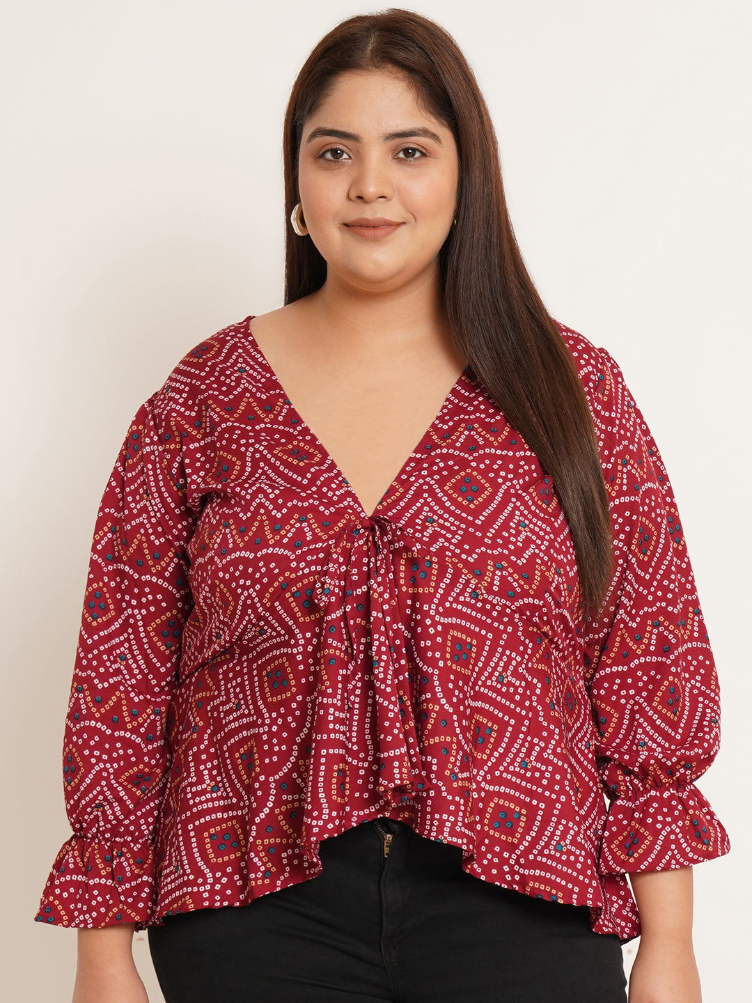 Women Plus Size Ethnic Motifs Printed High-Low Top