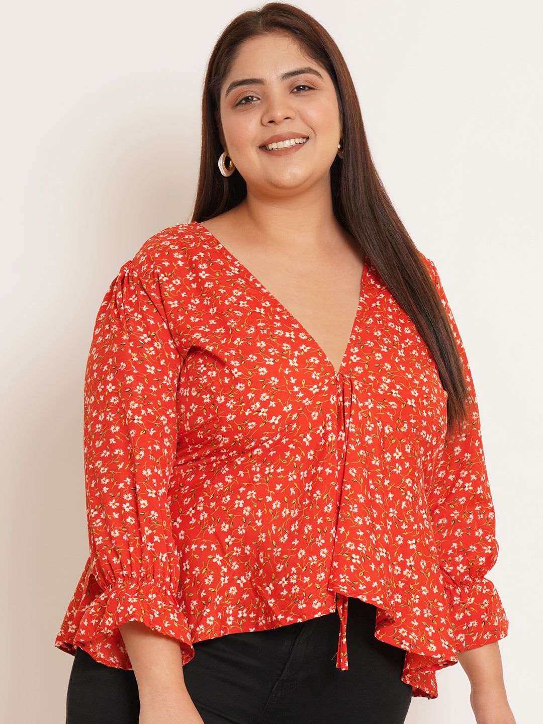 Women Plus Size Floral Printed High-Low Top