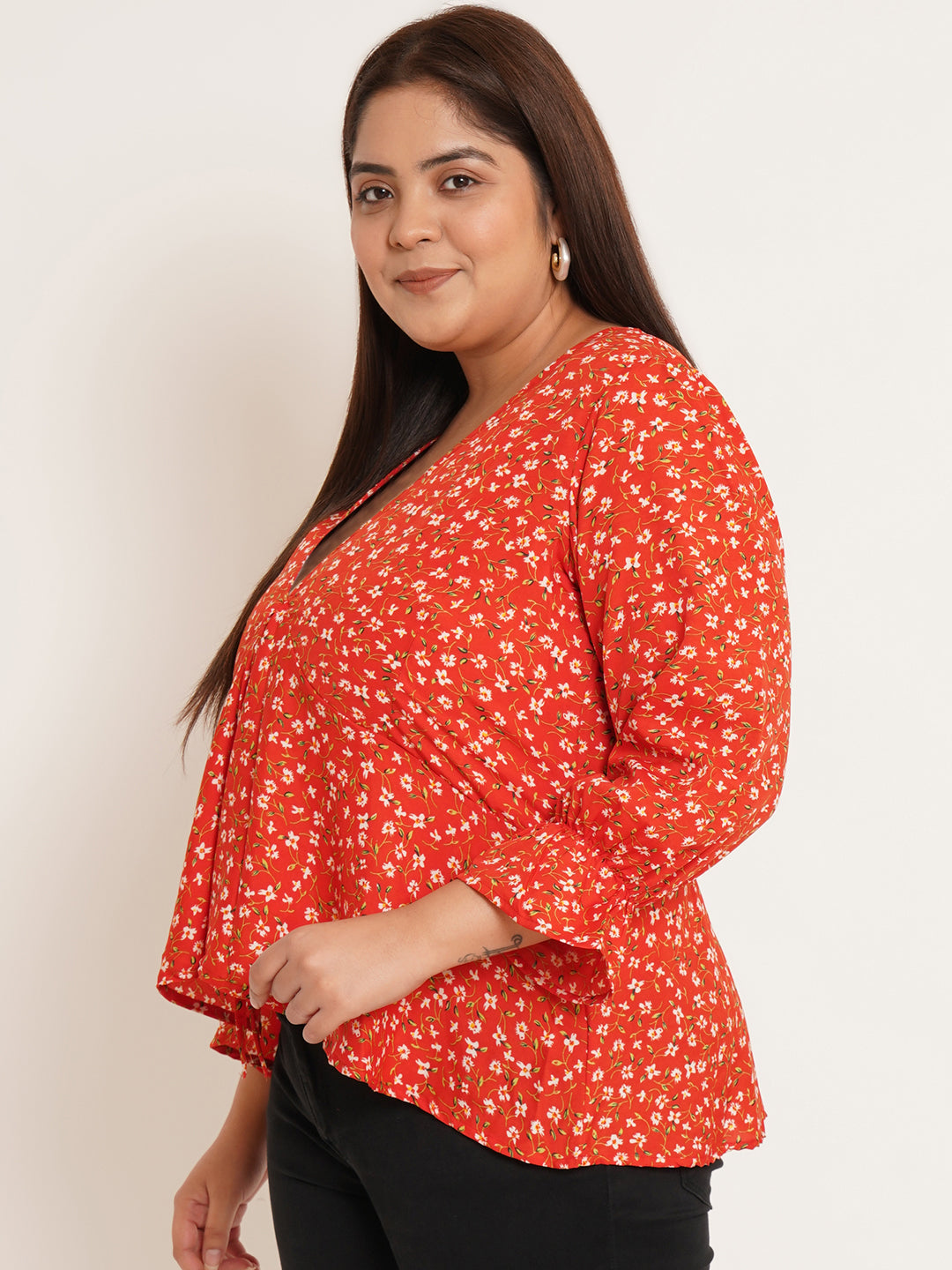 Women Plus Size Floral Printed High-Low Top